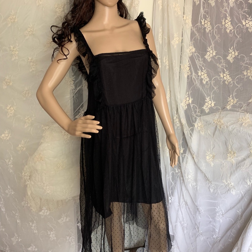Black sheer dotted mesh ruffle midi dress